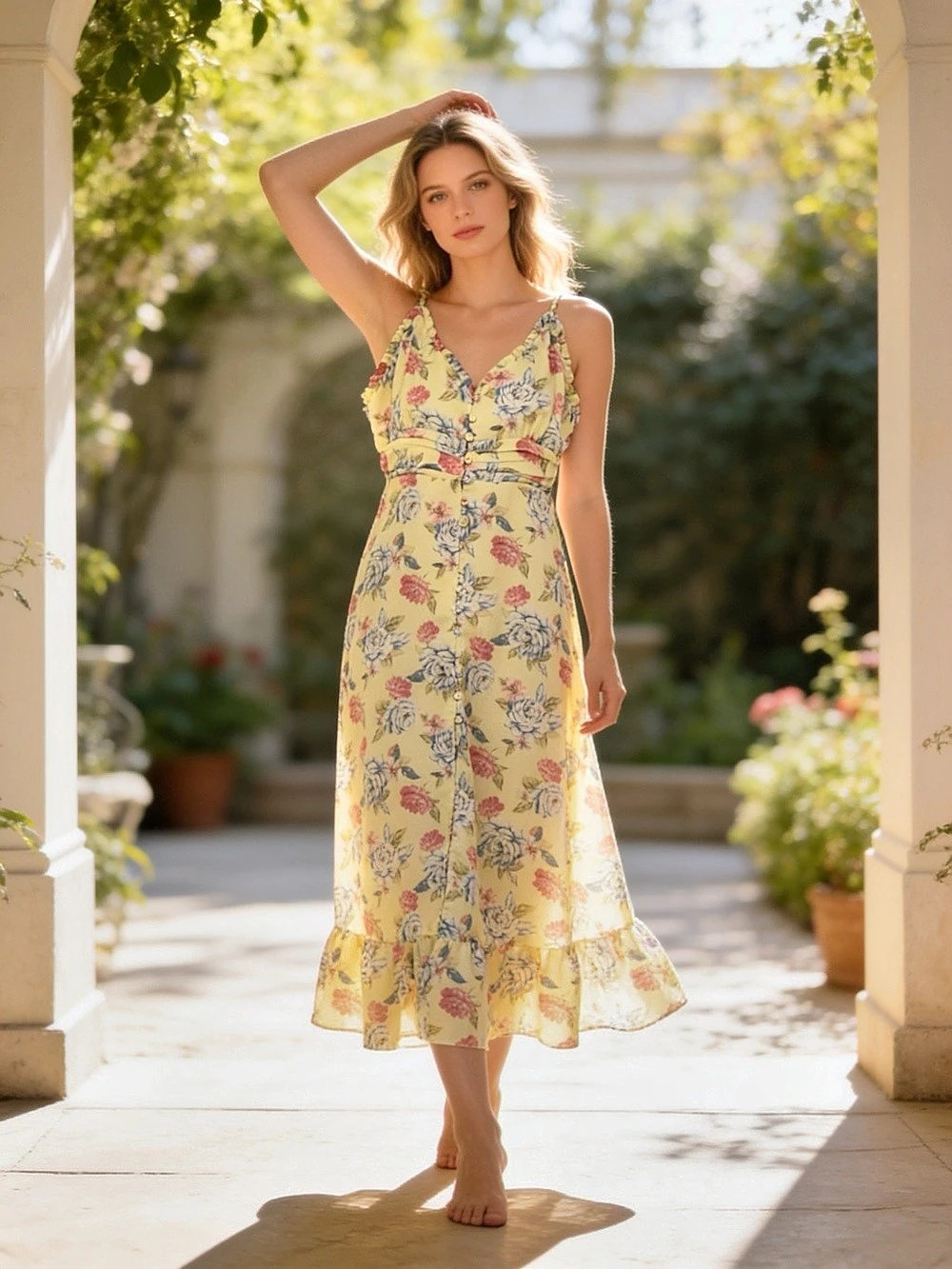 Forever 21 Yellow Floral Button-Front Midi Dress Size L